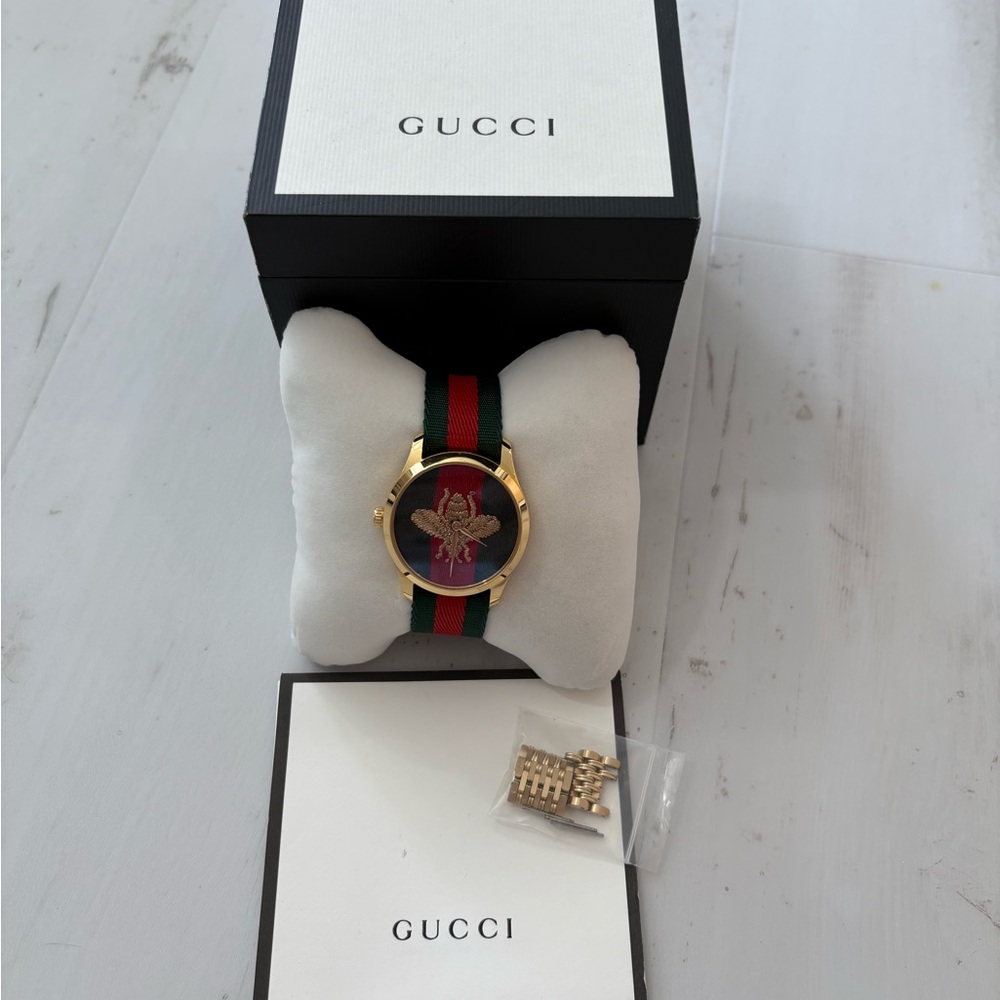 Gucci Gold Bee Watch with Red and Green Strap